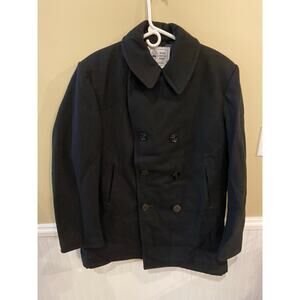 Mens 44L US Navy Uniform Pea Coat Winter Warm 100% Wool Anchor Buttons EUC